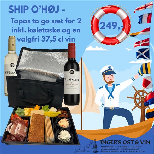 SHIP O`HØJ - TAPAS TO GO SÆT - Inkl. en valgfri 37,5 cl vin samt køletaske
